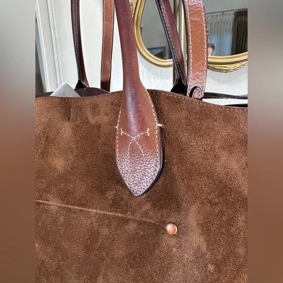 Polo Ralph Lauren Bellport Suede Leather Medium Tote Bag Brown Adjustable Strap - Picture 3 of 16